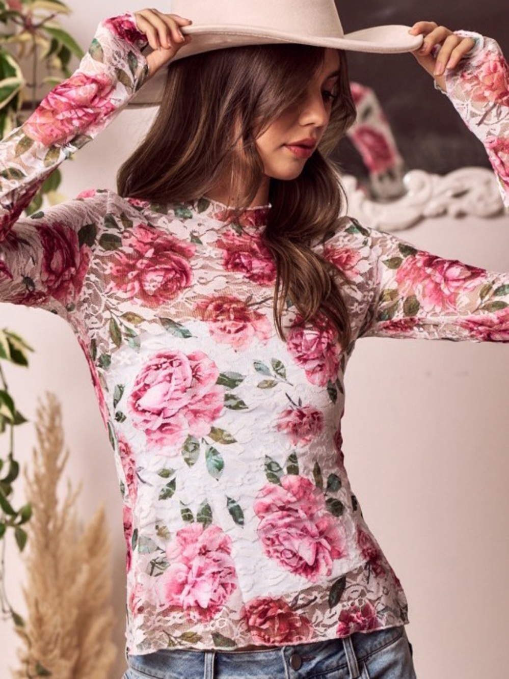 Multicolor rose floral mesh layer scalloped embroidered stitch tunic top shirt